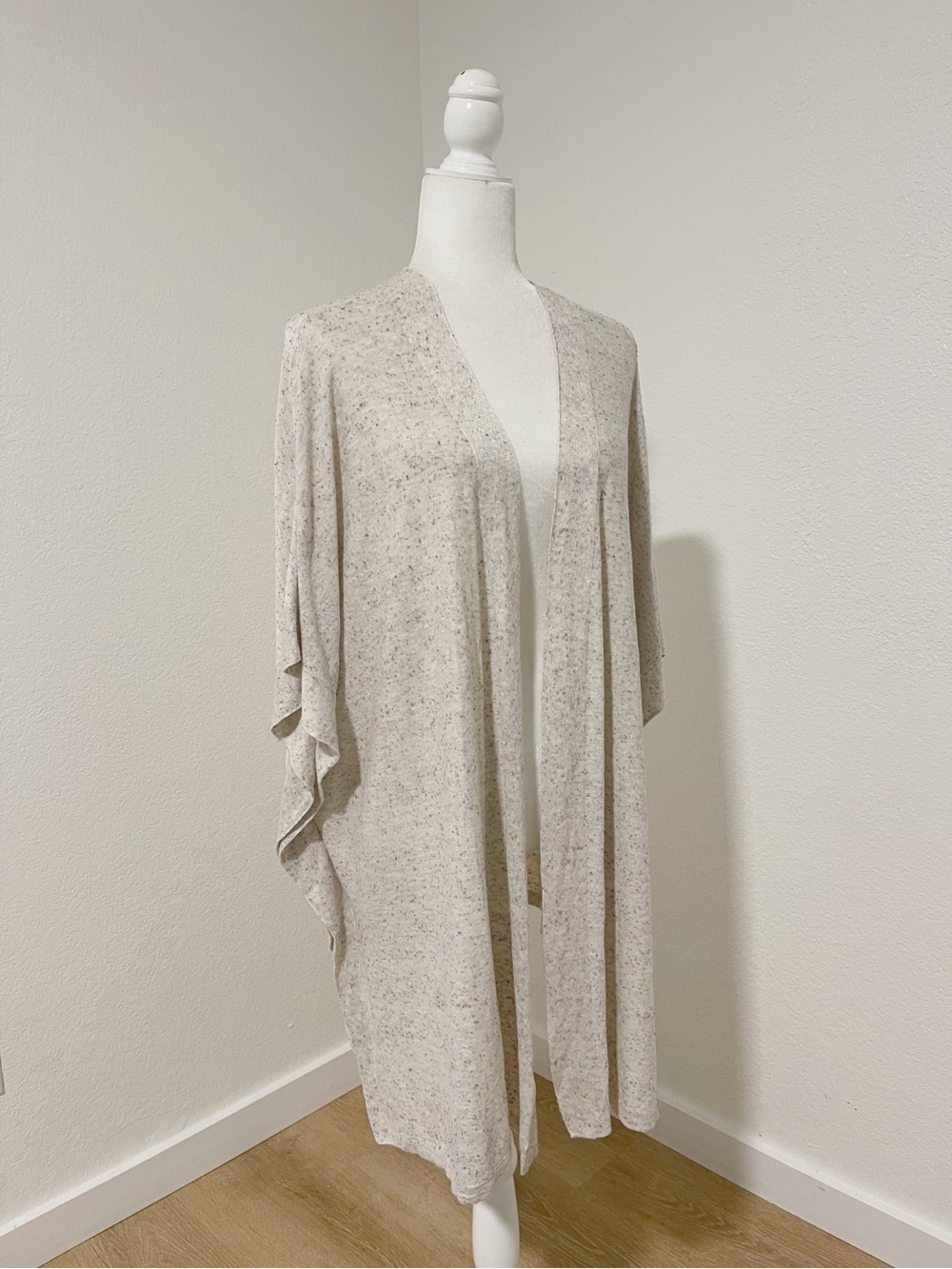 Pure Jill Linen Blend Cascading Open Front Knit Cardigan Neutral Multi